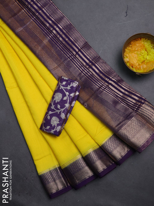 Semi mangalgiri saree lime yellow and purple with plain body and zari woven border