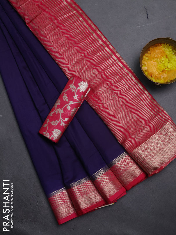 Semi mangalgiri saree dark blue and pink with plain body and zari woven border