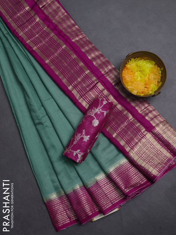Semi mangalgiri saree pastel green and purple with plain body and zari woven border