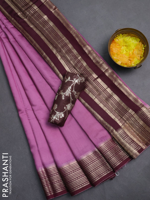 Semi mangalgiri saree mauve pink and brown with plain body and zari woven border