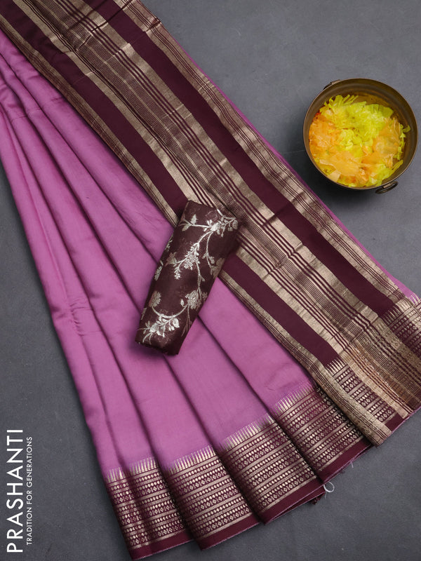 Semi mangalgiri saree mauve pink and brown with plain body and zari woven border