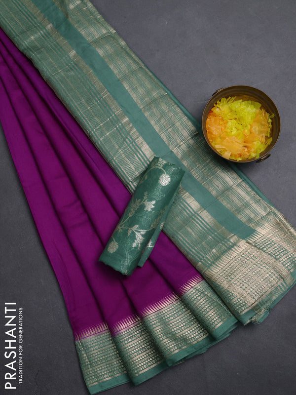 Semi mangalgiri saree violet and pastel green with plain body and zari woven border
