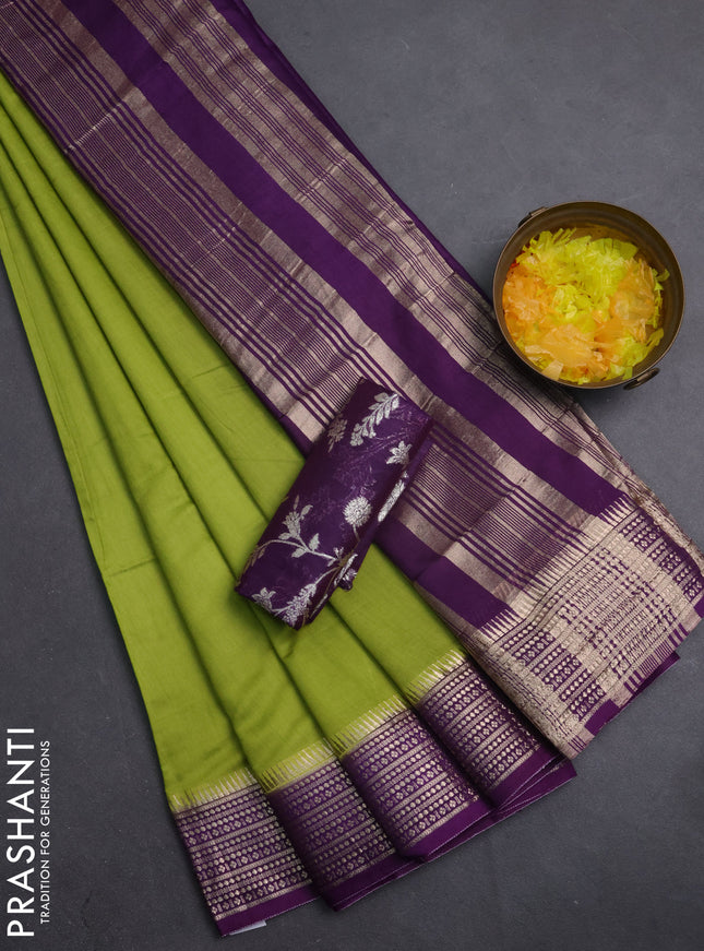 Semi mangalgiri saree lime green and purple with plain body and zari woven border