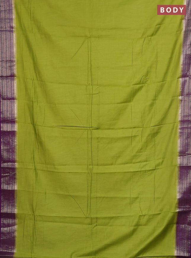 Semi mangalgiri saree lime green and purple with plain body and zari woven border