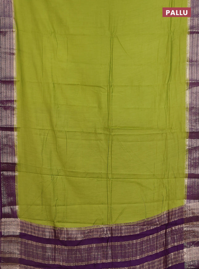 Semi mangalgiri saree lime green and purple with plain body and zari woven border