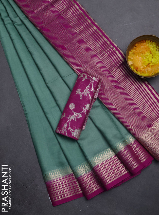 Semi mangalgiri saree pastel green and purple shade with plain body and zari woven border