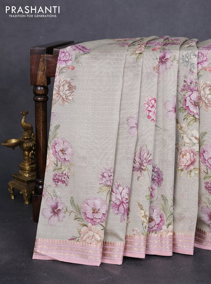 Mul chanderi saree elaichi green and pastel pink with allover floral digital prints and zari woven border