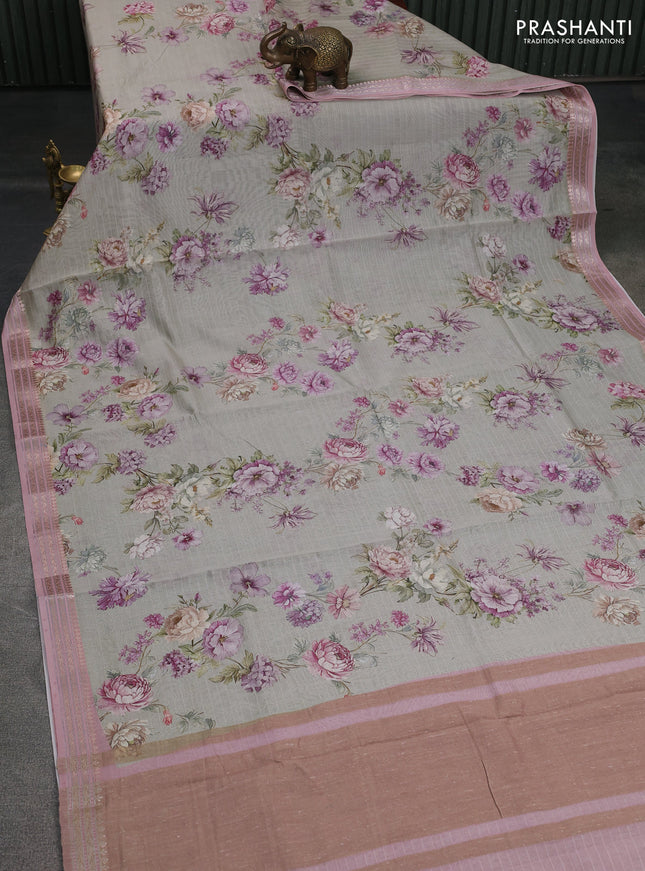 Mul chanderi saree elaichi green and pastel pink with allover floral digital prints and zari woven border