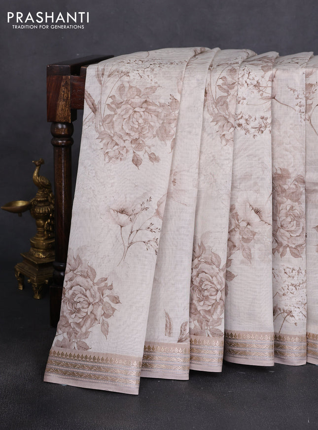 Mul chanderi saree off white and pastel brown with allover floral digital prints and zari woven border