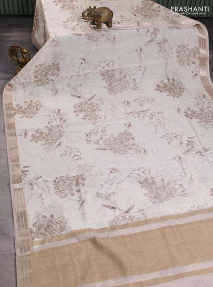 Mul chanderi saree off white and pastel brown with allover floral digital prints and zari woven border