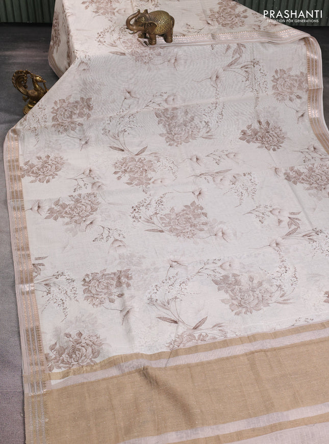 Mul chanderi saree off white and pastel brown with allover floral digital prints and zari woven border