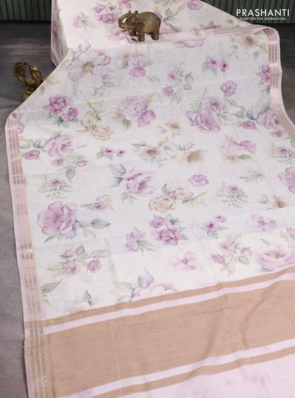 Mul chanderi saree cream and baby pink with allover floral digital prints and zari woven border