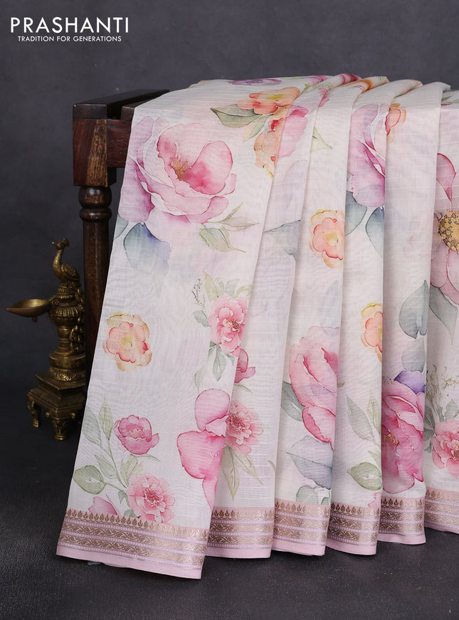 Mul chanderi saree cream and baby pink with allover floral digital prints and zari woven border