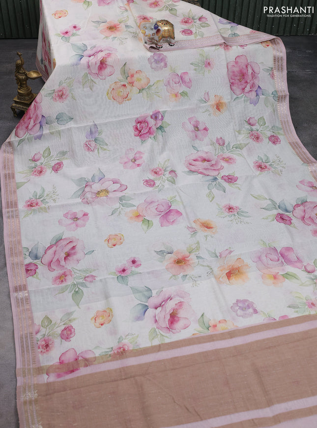 Mul chanderi saree cream and baby pink with allover floral digital prints and zari woven border