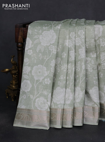 Mul chanderi saree pastel green with allover floral digital prints and zari woven border