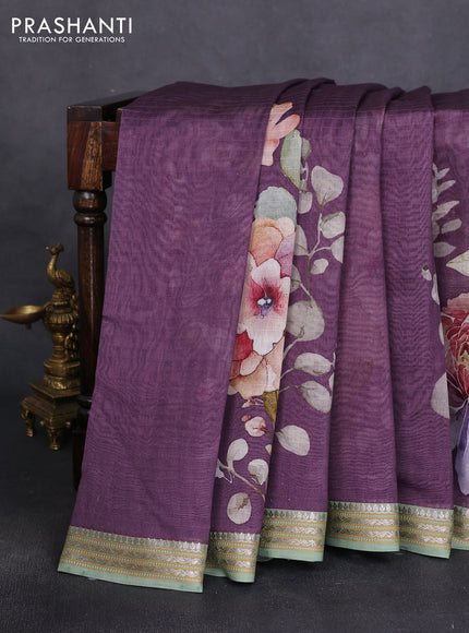 Mul chanderi saree purple and pastel green with allover floral digital prints and zari woven border