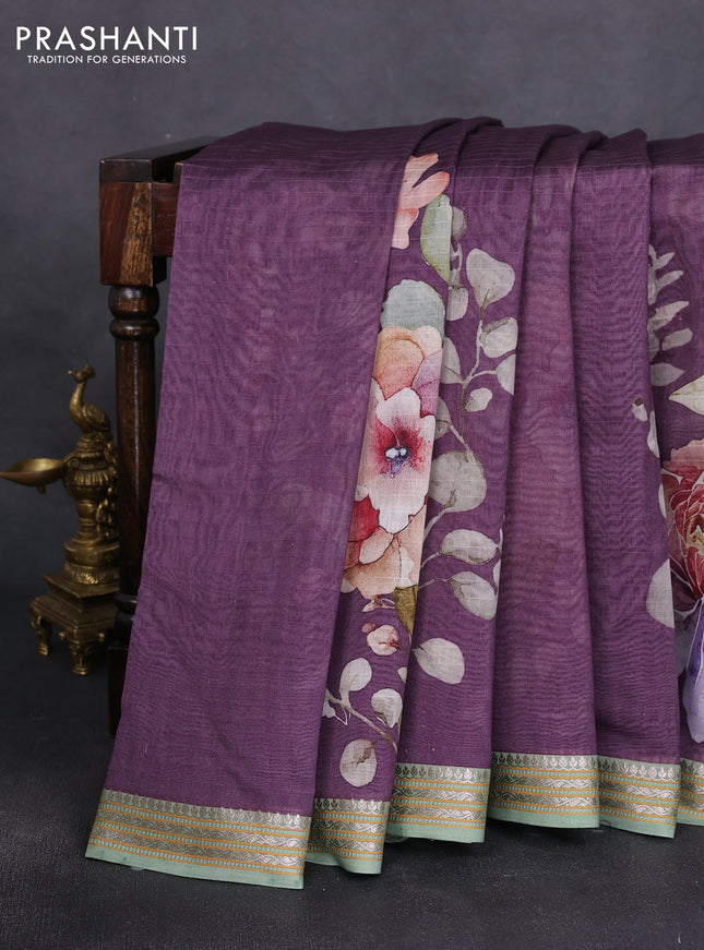 Mul chanderi saree purple and pastel green with allover floral digital prints and zari woven border