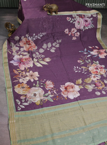 Mul chanderi saree purple and pastel green with allover floral digital prints and zari woven border