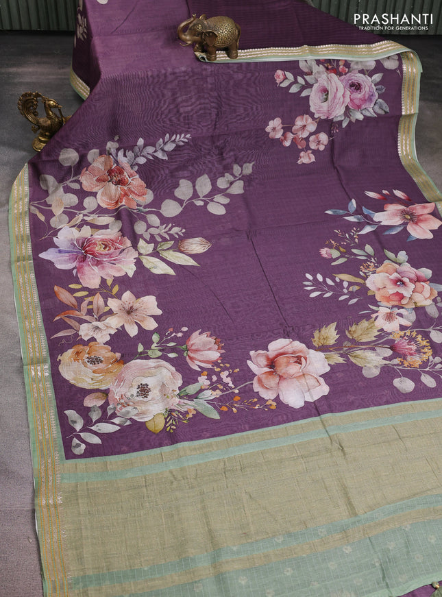 Mul chanderi saree purple and pastel green with allover floral digital prints and zari woven border