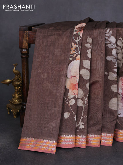 Mul chanderi saree brown and peach shade with allover floral digital prints and zari woven border