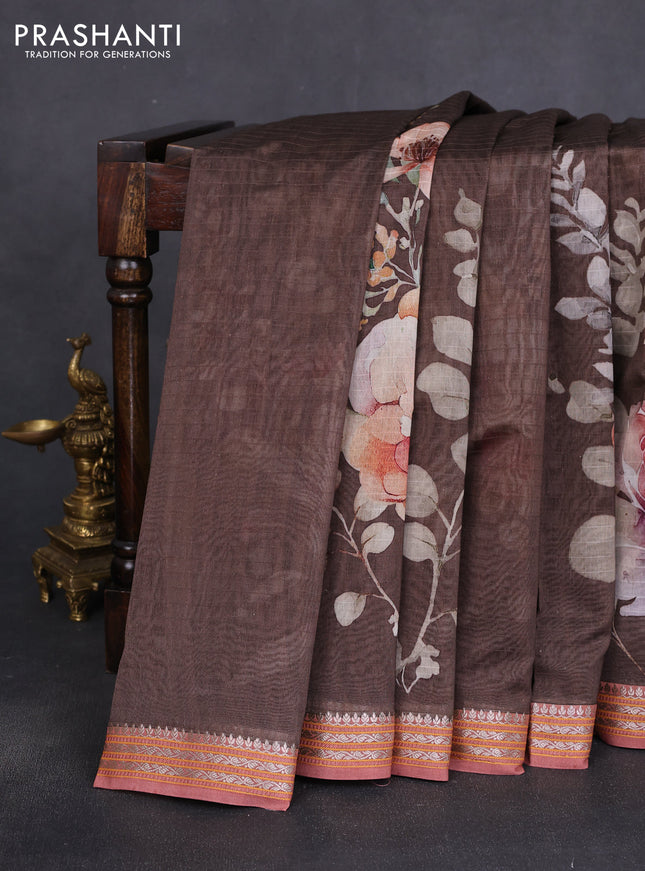 Mul chanderi saree brown and peach shade with allover floral digital prints and zari woven border