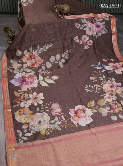 Mul chanderi saree brown and peach shade with allover floral digital prints and zari woven border