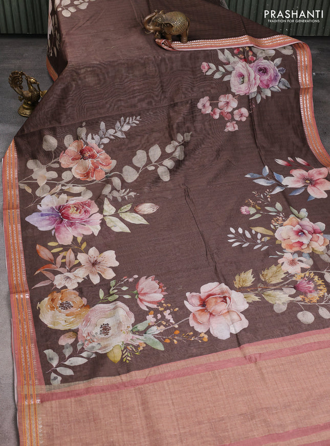 Mul chanderi saree brown and peach shade with allover floral digital prints and zari woven border