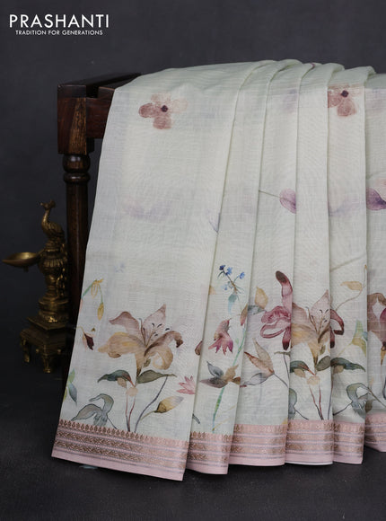 Mul chanderi saree pastel green shade and pastel peach with allover floral digital prints and zari woven border