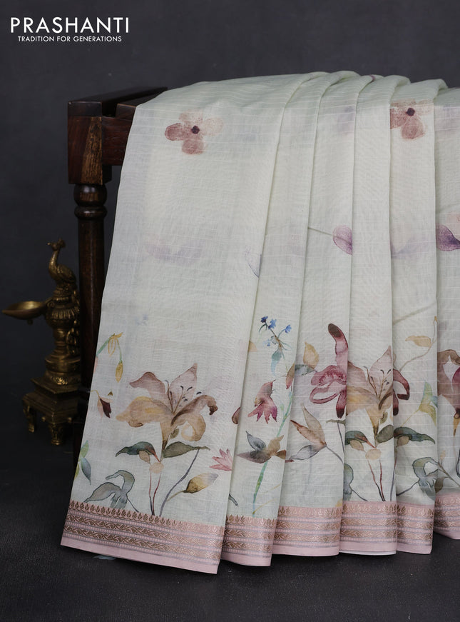 Mul chanderi saree pastel green shade and pastel peach with allover floral digital prints and zari woven border