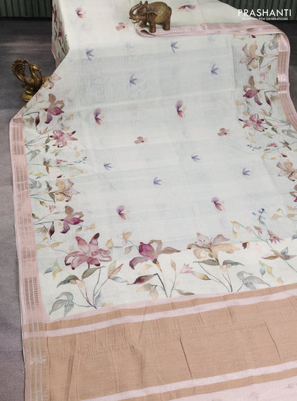 Mul chanderi saree pastel green shade and pastel peach with allover floral digital prints and zari woven border