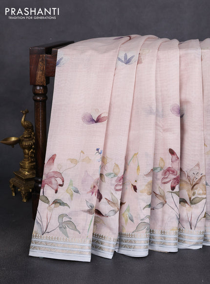 Mul chanderi saree pastel peach and pastel blue shade with allover floral digital prints and zari woven border