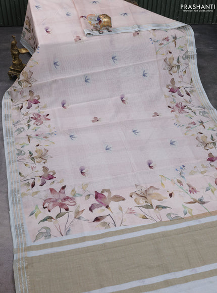 Mul chanderi saree pastel peach and pastel blue shade with allover floral digital prints and zari woven border