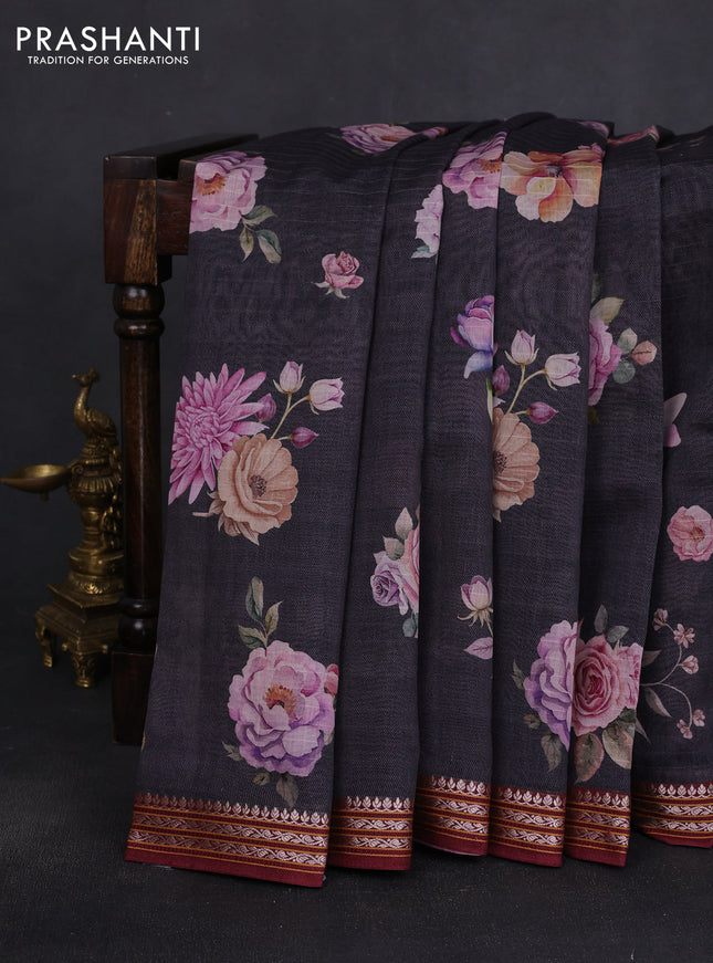 Mul chanderi saree black and maroon with allover floral digital prints and zari woven border