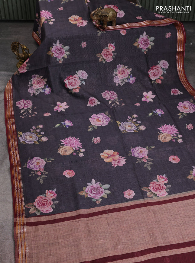 Mul chanderi saree black and maroon with allover floral digital prints and zari woven border