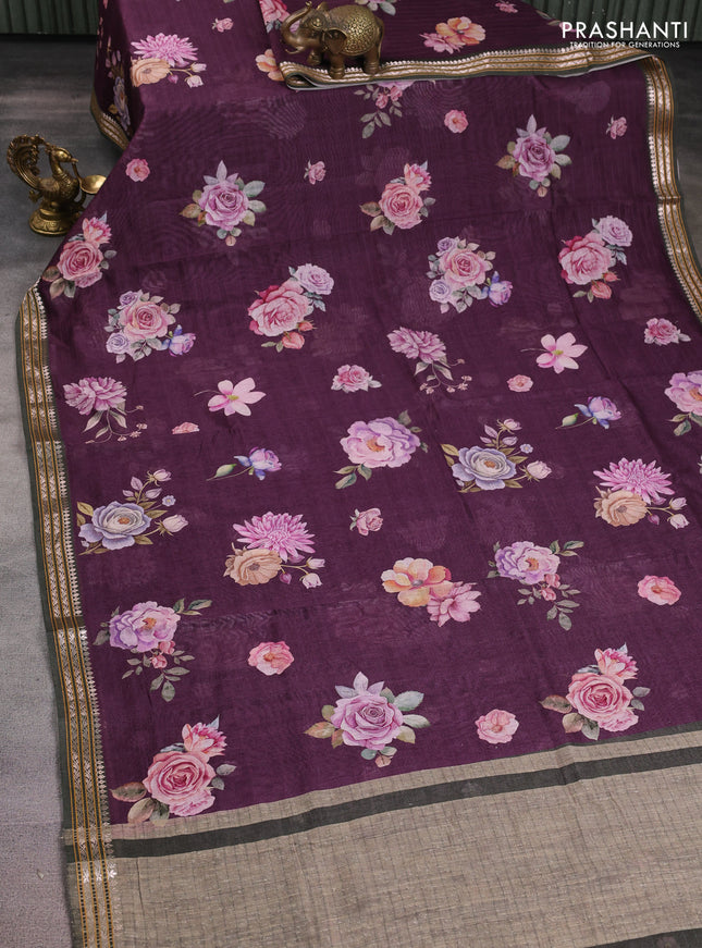 Mul chanderi saree purple and dark olive green with allover floral digital prints and zari woven border