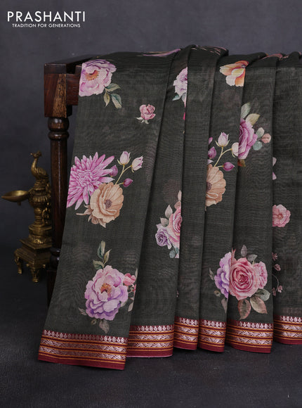 Mul chanderi saree dark olive green and maroon with allover floral digital prints and zari woven border