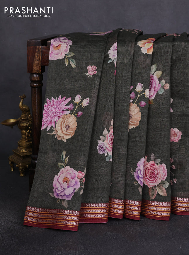 Mul chanderi saree dark olive green and maroon with allover floral digital prints and zari woven border