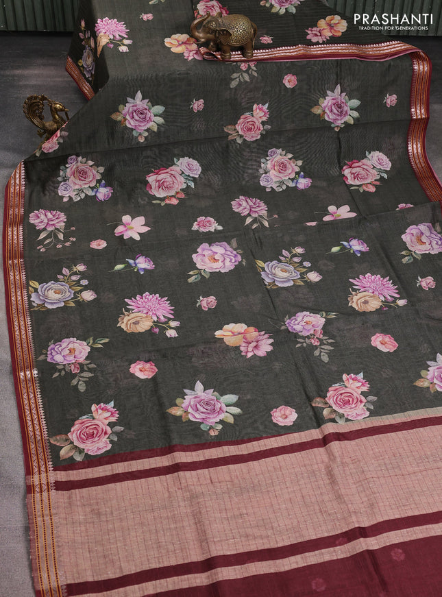 Mul chanderi saree dark olive green and maroon with allover floral digital prints and zari woven border