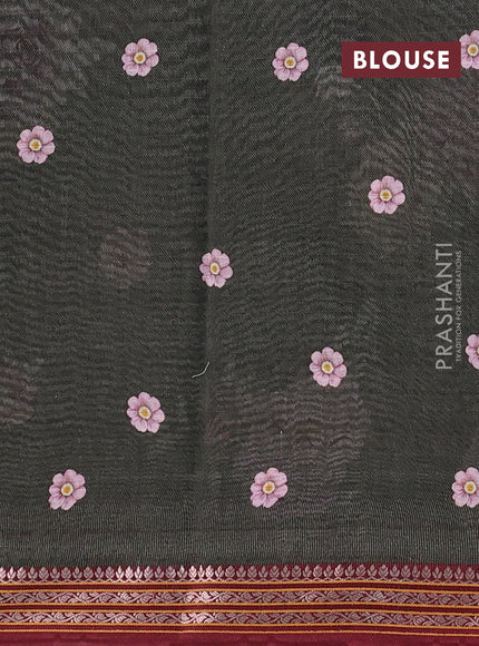 Mul chanderi saree dark olive green and maroon with allover floral digital prints and zari woven border