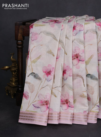 Mul chanderi saree off white and baby pink with allover floral digital prints and zari woven border