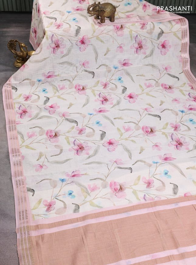 Mul chanderi saree off white and baby pink with allover floral digital prints and zari woven border