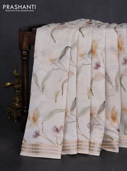 Mul chanderi saree off white and sandal with allover floral digital prints and zari woven border