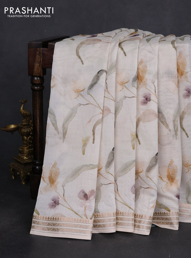 Mul chanderi saree off white and sandal with allover floral digital prints and zari woven border
