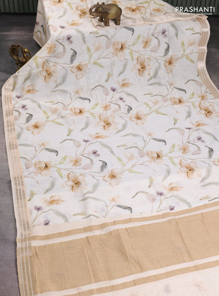 Mul chanderi saree off white and sandal with allover floral digital prints and zari woven border