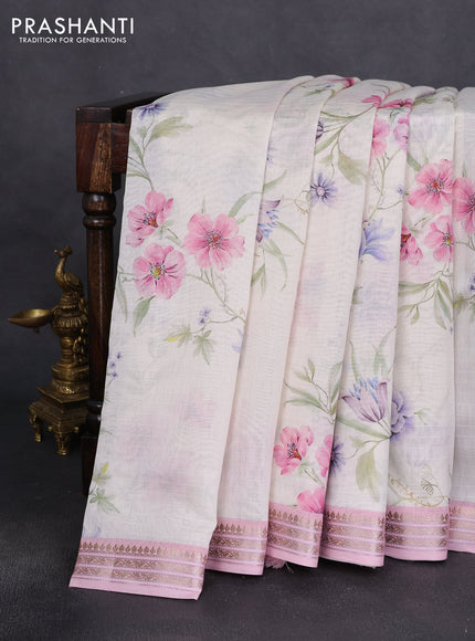 Mul chanderi saree off white and light pink with allover floral digital prints and zari woven border