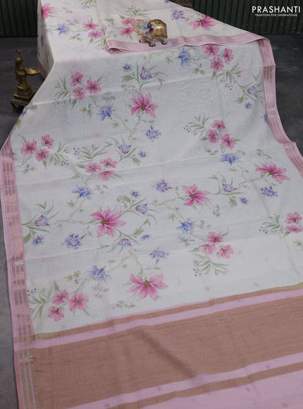 Mul chanderi saree off white and light pink with allover floral digital prints and zari woven border
