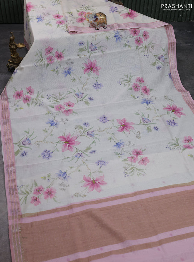 Mul chanderi saree off white and light pink with allover floral digital prints and zari woven border