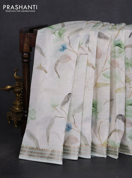 Mul chanderi saree off white and pastel green with allover floral digital prints and zari woven border