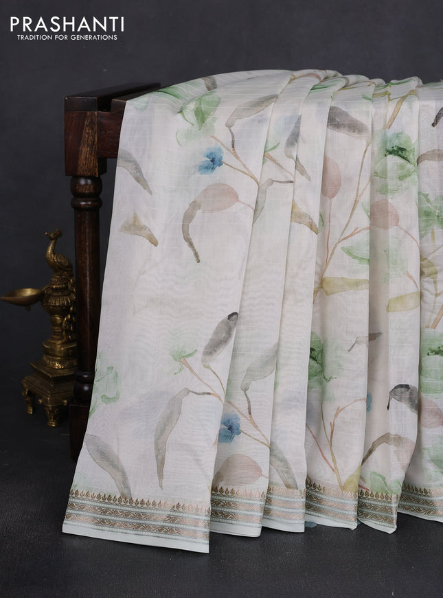 Mul chanderi saree off white and pastel green with allover floral digital prints and zari woven border
