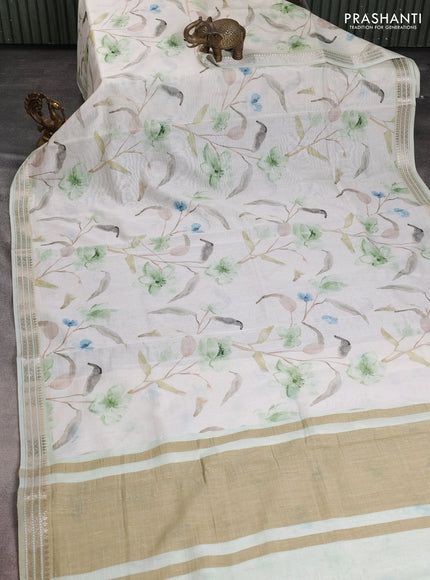 Mul chanderi saree off white and pastel green with allover floral digital prints and zari woven border